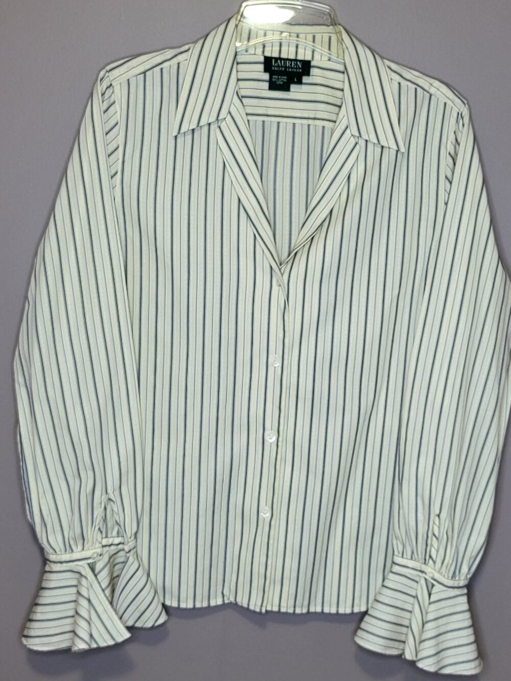 Lauren Ralph Lauren Striped Cotton Ruffle Cuff Button Down Blouse Size L
